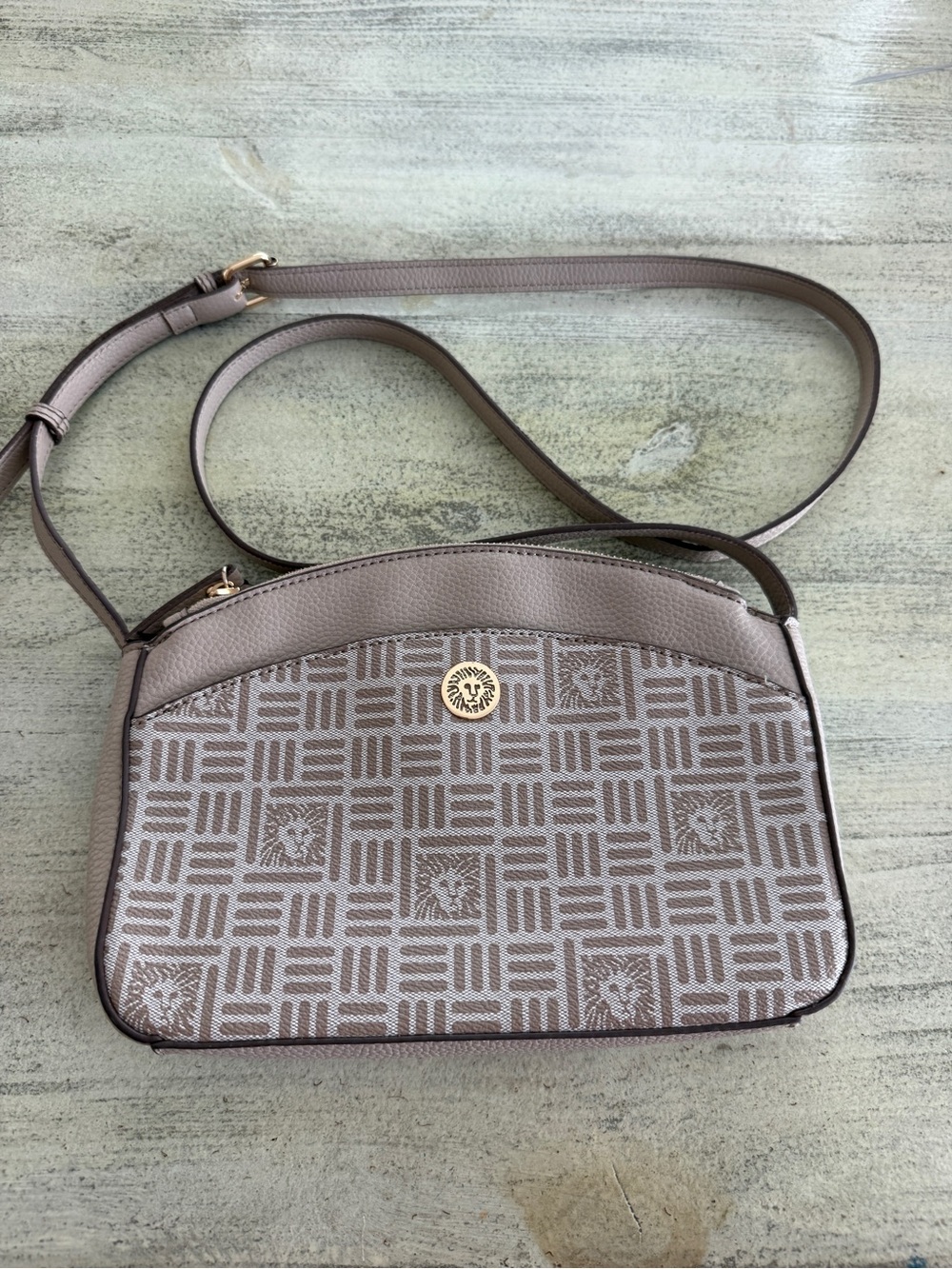 Anne Klein Taupe Geometric Crossbody Bag with AK Emblem